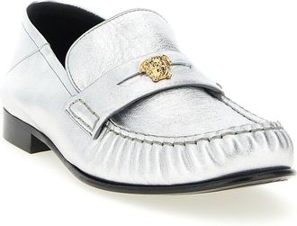 Versace La Medusa Metal-Embellished Laminated Nappa Loafer - Silver