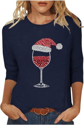Generic Ladies Christmas Tops - Shiny Rhinestoned, 3/4 Sleeve, Wine Glass Graphic, Santa Claus Hats Pattern, Plus Size Tee Shirts, Round Neck, Causal Xmas Fes