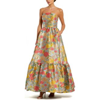 Mac Duggal Womens Strapless Brocade Floral Gown With Ruffle Hem in Turquoise Multi at Nordstrom, Size 12