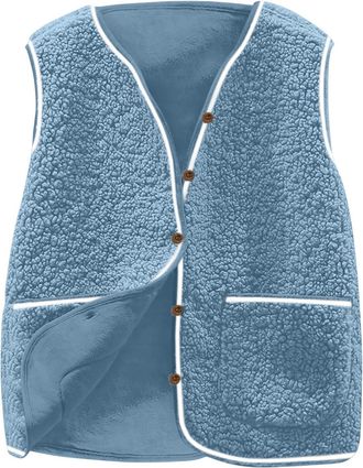 Generic Saxrel Ladies V-Neck Teddy Fleece Gilet Blue Sleeveless Jacket Womens Vest UK Thermal Winter Warm Short Cardigan Button Coat Waistcoat Body Warmer Out