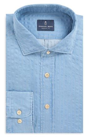 Emanuel Berg Crinkle Stripe Cotton Denim Button-Up Shirt in Medium Blue at Nordstrom, Size 40
