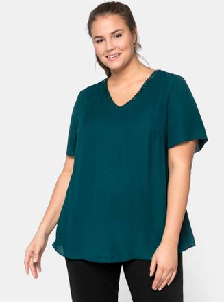 Sheego Longbluse SHEEGO, Damen, Gr. 40, gr&uuml;n (tiefgr&uuml;n), 100% Polyester, unifarben, V-Ausschnitt, Blusen Longbluse