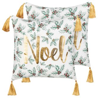 Beliani Conjunto De Cojines De Algod&oacute;n Estampado De Navidad 45 X 45 Cm Borlas Blanco Dorado Zamia