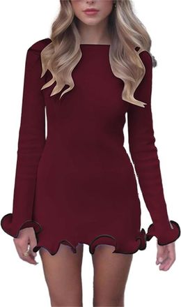 Generic Women Long Sleeve Bodycon Mini Dress Sexy Bodycon Ruffle Hem Knit Dress Sweater Boat Neck Long Sleeve Y2k Short Dress (Dark red,XS)