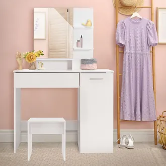 ML Design Ml-design Juego De Tocador Con Taburete 90 X 38 X 138 Cm Blanco Moderno Con Espejo 2 Cajones 3 Compartimentos Abiertos Mesa De Maquillaje Cosm&eacute;ticos A