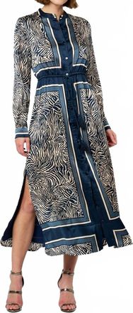 Ciebon Coco Animal Print Long Sleeve Shirt Midi Dress In Navy