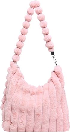 Generic Womens Plush Bags Large Capacity Plush Bag Womens Commuter Shoulder With Pendant Fluffy Tote(Pink)