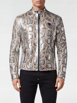 Philipp Plein Giacca biker in pelle con stampa pitone e tasche zip