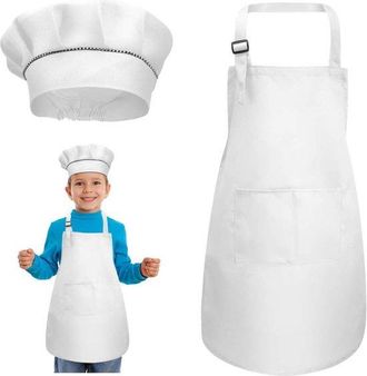 No Brand Delantal Infantil Ajustable Con Gorro De Chef Y 2 Bolsillos Para Cocinar, Pintar Y Hacer Manualidades (7-13 A&ntilde;os), Blanco