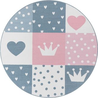 Paco Home Kinderteppich »Eliz 391« rund 12 mm Höhe Kurzflor, Spielteppich, Patchwork-Muster, Motiv Krone, Herz & Punkte