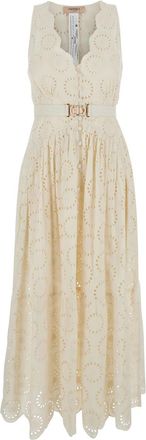 Twin-Set White Long Dress With V-neck And Waist Belt With Metallic Logo Plaque In Cotton Woman