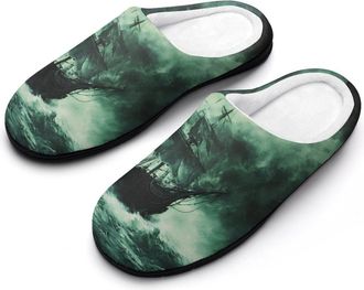 Generic Old Ship Sinking Stormy Sea Slippers Men Winter Warm Cotton Anti-Slip Indoor Slip-Ons House Shoes