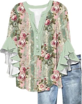 Generic HAOLEI Ladies Summer Tops UK Ruffle 3/4 Sleeve Floral Print Bohemian Top Button V Neck T-Shirt Dressy Elegant Vintage Graphic Shirts Loose Tunics Holi