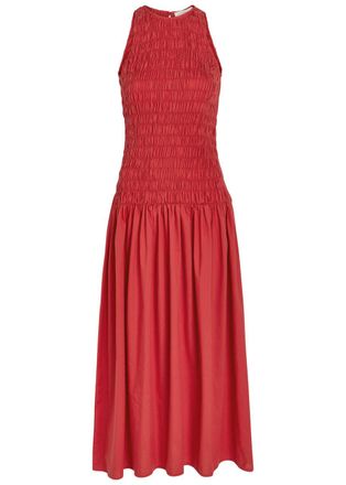 Faithfull The Brand Sanchia Shirred Cotton Midi Dress - Red - S (UK8-10 / S)