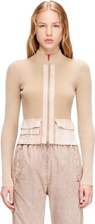 Diesel Zip-up cardigan with denim cargo pockets - Knitwear - Woman - Beige