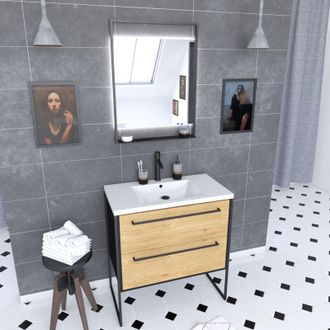 Aurlane Aurlane - Mueble De Ba&ntilde;o 80, Lavabo Blanco Resina, Espejo Led - Acabado Roble Negro - Structura