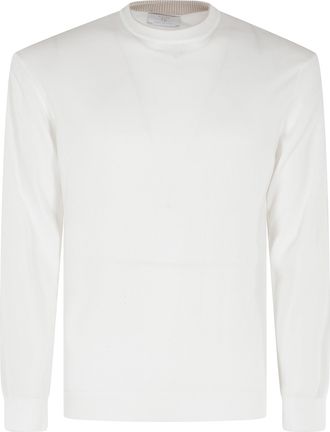 Eleventy White Beige Crewneck Long-Sleeve Cotton Sweater