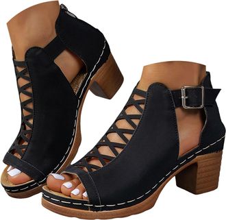 Generic Womens Platform Sandals Summer Trendy Dressy Gladiator Sandals Chunky Heel Hollow Cut Out Open Toe Stacked Heeled Booties Beach Boho Comfortable Ankle