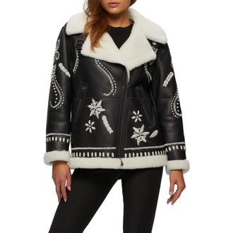 Gorski Genuine Shearling Jacket With Embroidery in Black/white at Nordstrom, Size Small