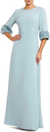 Mac Duggal Womens A-Line Crepe Gown with Embellished Three-Quarter Sleeves in French Blue at Nordstrom, Size 20
