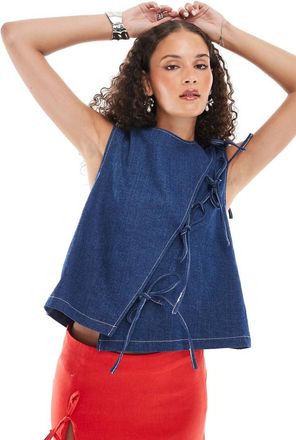 Ghospell Teo - Top asimmetrico in denim scuro con fiocchi-Blu
