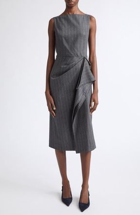 Oscar De La Renta Sleeveless Pinstripe Stretch Virgin Wool & Cashmere Draped Pencil Dress in Charcoal at Nordstrom, Size 10