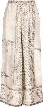 Max Mara Gedrukte Zijden Wijde Pijpen Broek - Dames - Wijde Broeken - Beige - 3XS - Broeken