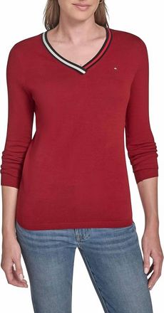 Tommy Hilfiger V-Neck Long Sleeve Sweater With Striped Neckline In Maroon