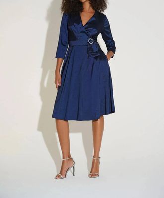 Joseph Ribkoff Pleated Taffeta Fit & Flare Dress In Midnight Blue