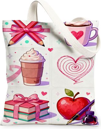Generic ValentineS Day Heart Canvas Tote Bag, Cute Love Pattern Reusable Grocery Bags, Lightweight Washable Shoulder Strap Canvas, White, 13x15 Inch