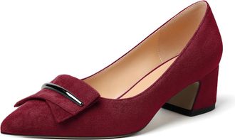 EDEFS Women Pointed Toe Block Heel Pumps Slip on Low Heels Pointed Toe Court Shoes Classic Buckle Design 2 Block Heeled Shoes Suede Burgundy UK2