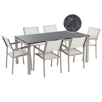 Beliani Conjunto De Comedor De Jard&iacute;n Blanco Con Mesa 180 X 90 Cm De Granito Flameado 6 Sillas De Rat&aacute;n Grosseto