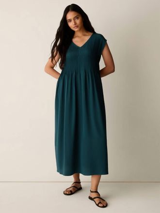 Eileen Fisher V-Neck Pintuck Dress In Kelp