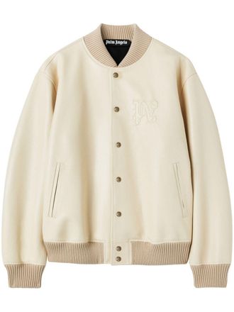Palm Angels Leren bomberjack met monogram-reli&euml;f - Beige