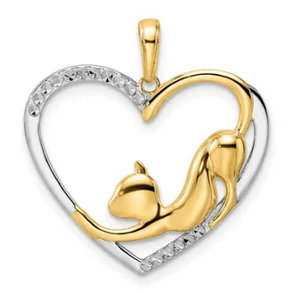 Diamond2Deal 14k Yellow Gold White Rhodium Diamond-cut Cat Stretching in Heart Pendant