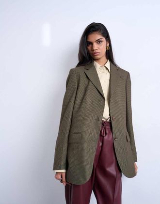 Topshop Mensy - Blazer a 3 bottoni taglio maschile verde a quadri vintage