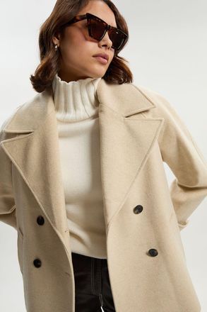 Karen Millen Womens Tailored Brushed Wool Double Breasted Short Pea Coat - Beige - Size 12 UK