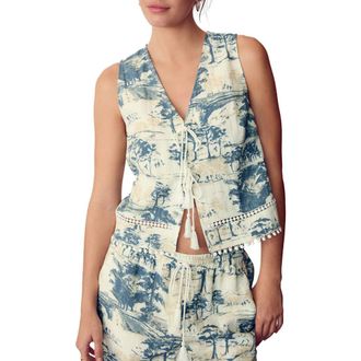 Next Tree Print Tie Front Sleeveless Top in Blue Palm Print at Nordstrom, Size 6 Us