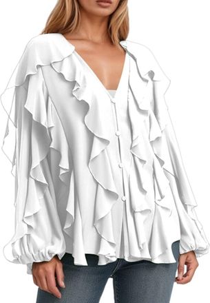 Generic Womens Ruffles Satin Shirt Lady Blouse Solid Color Turndown Collar Long Sleeve Top (White, M)
