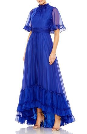 Mac Duggal Ruffled High Neck Flutter Sleeve High Low Hem Gown in Sapphire at Nordstrom, Size 18