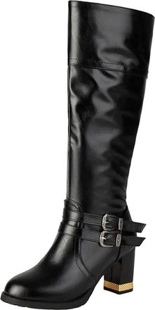 Generic Womens Casual Knee High Boots Retro Style Round Toe High Thick Heel With Belt Fastener Accents And Side Zipper