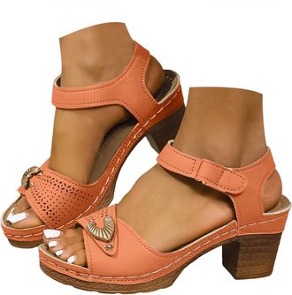Generic Womens Low Block Heel Sandals 2026 Dressy Open Toe Hollow Out Wedge Shoes with Fan Metal Ornament & Adjustable Ankle Strap Summer Beach Walking Shoes 