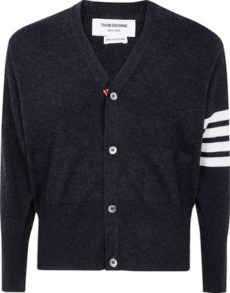 Thom Browne Classic Short V Neck Cardigan With White 4 Bar Stripe In C