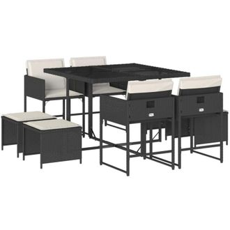 vidaXL Set De Comedor De Jard&iacute;n 9 Pzas Y Cojines Rat&aacute;n Sint&eacute;tico Negro Vidaxl