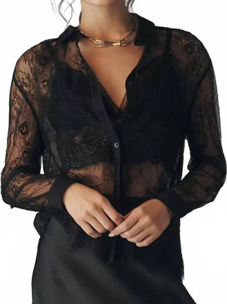 En Saison Darcy Long-Sleeve Sheer Lace Button Down Top In Black