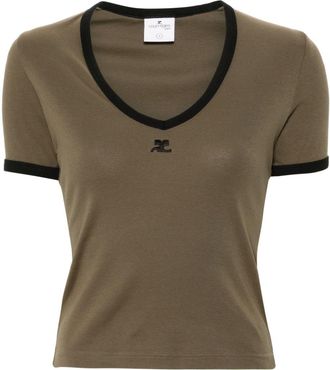 Courr&egrave;ges logo-patch V-neck T-shirt - women - Cotton - S - Green