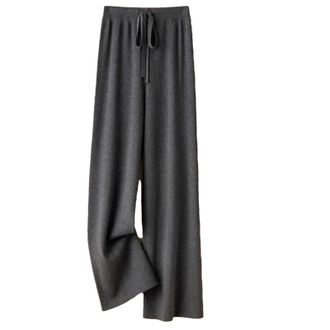 Generic Womens Cashmere Knitted Wide Leg Pants Women Winter Elastic Loose Trousers Straight Wool Casual Warm Pant Gray
