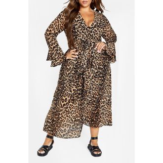 City Chic Carter Print Tie Waist Long Sleeve Maxi Dress in Leopard at Nordstrom