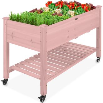 Best Choice Products Raised Garden Bed 48x23x32in Wood Mobile Elevated Planter w/ Wheel Locks, Shelf, Liner