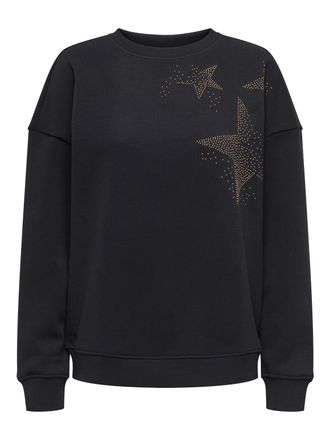 Only Sweatshirt ONLY ONLLUCCA L/S O-NECK DETAIL CS SWT, Damen, Gr. XS, schwarz detail:metal studs stars (gold), Sweatware, Obermaterial: 60% Baumwolle, 40%